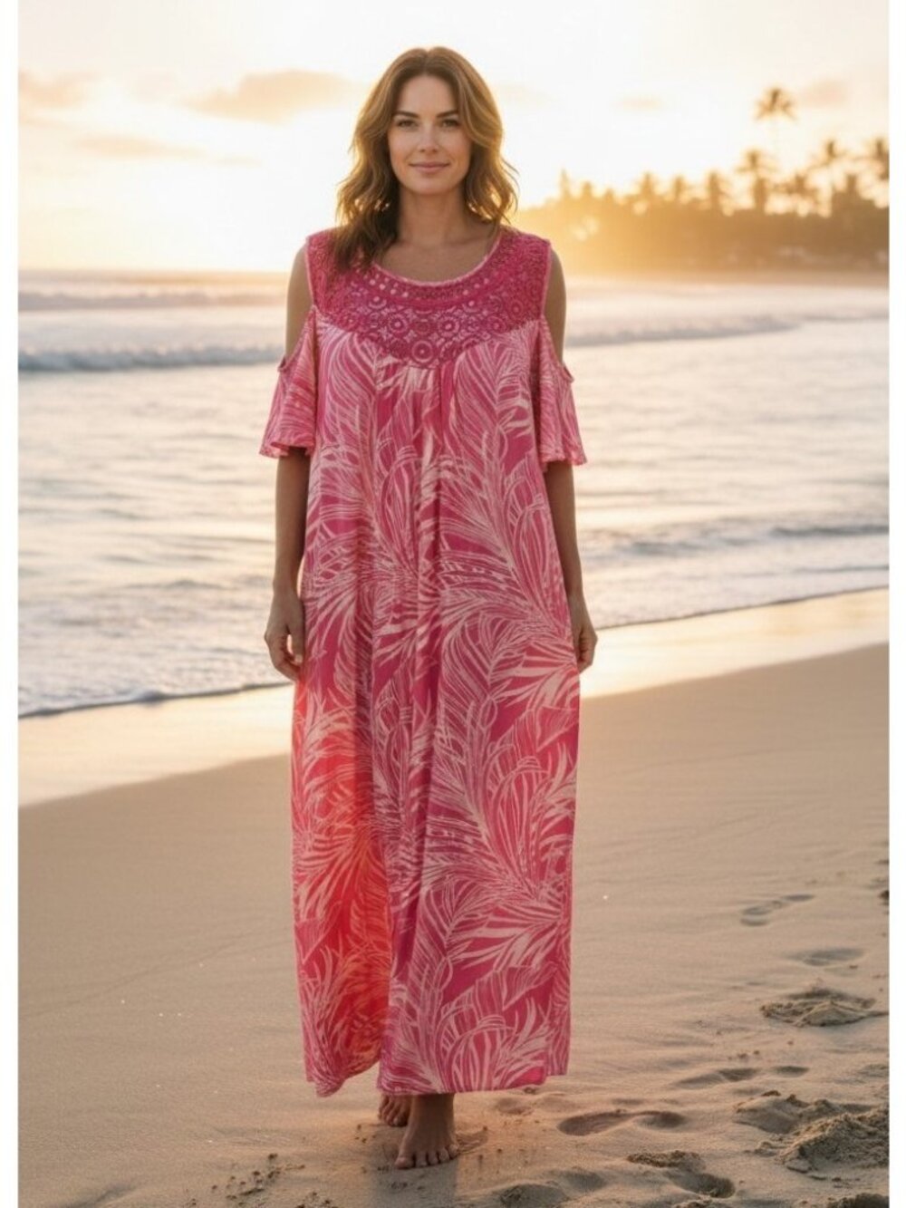 NWT Greige Tropical Midi Shift Dress L Crotchet Lace Beach Coastal Cruise Resort